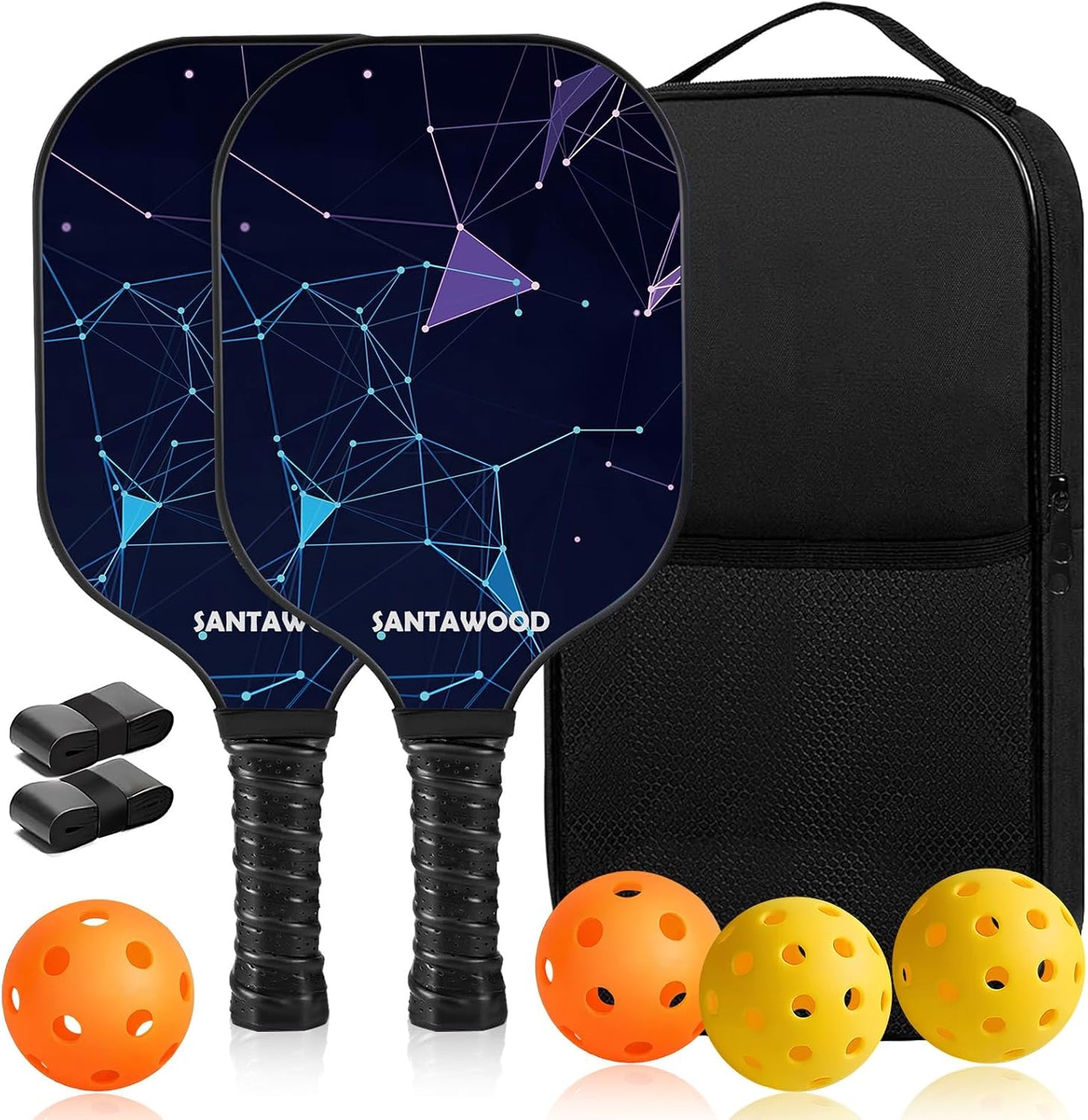 Pickleball Paddles Set of 2, Fiberglass Pickleball Racket, 2 Pickleball Rackets, 4 Balls, 2 Grip and 1 Portable Carry Bag, Aesthetic Pickle Ball Rackets 2 Pack for Men Women Beginners