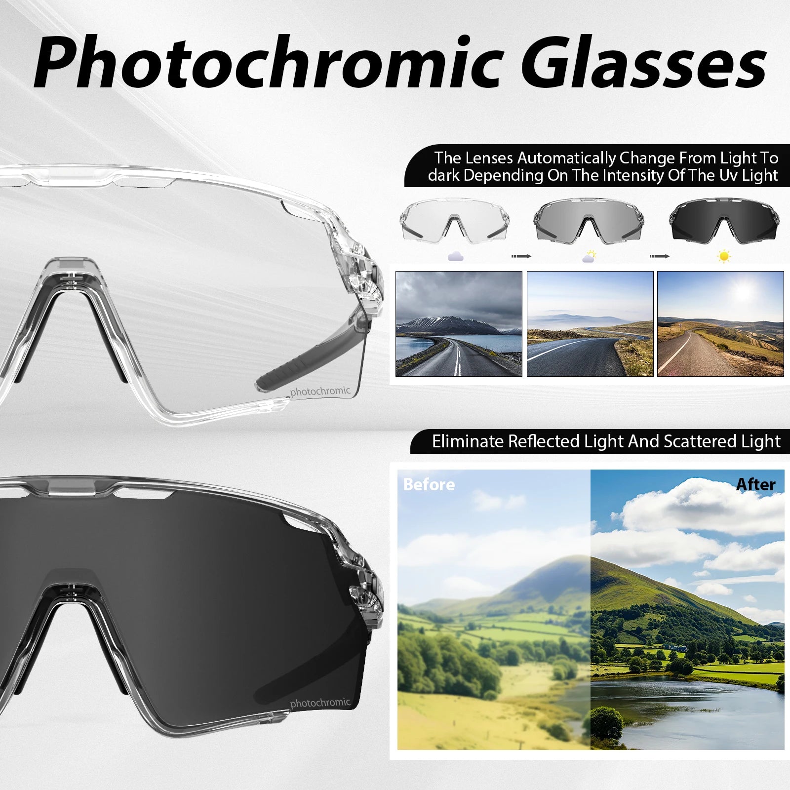 Photochromic Sunglasses Frame and Lens Photochromic Cycling Glasses UV400 Sports Glasses Running Driving Outdoor Eyewear