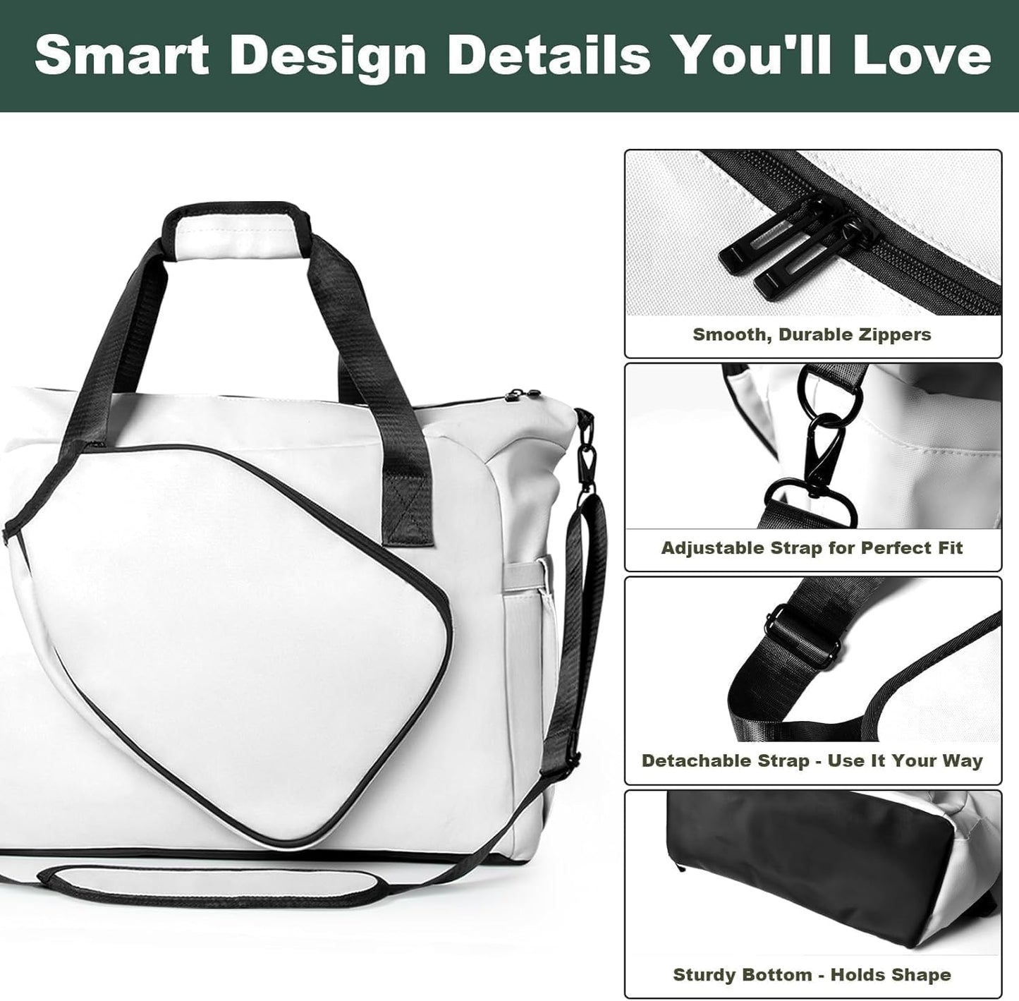 Pickleball Tote Bag with Shoe Compartment and Paddle Storage – Large Capacity Lightweight Pickleball Bag for Women & Men with Water Bottle Holder (White)