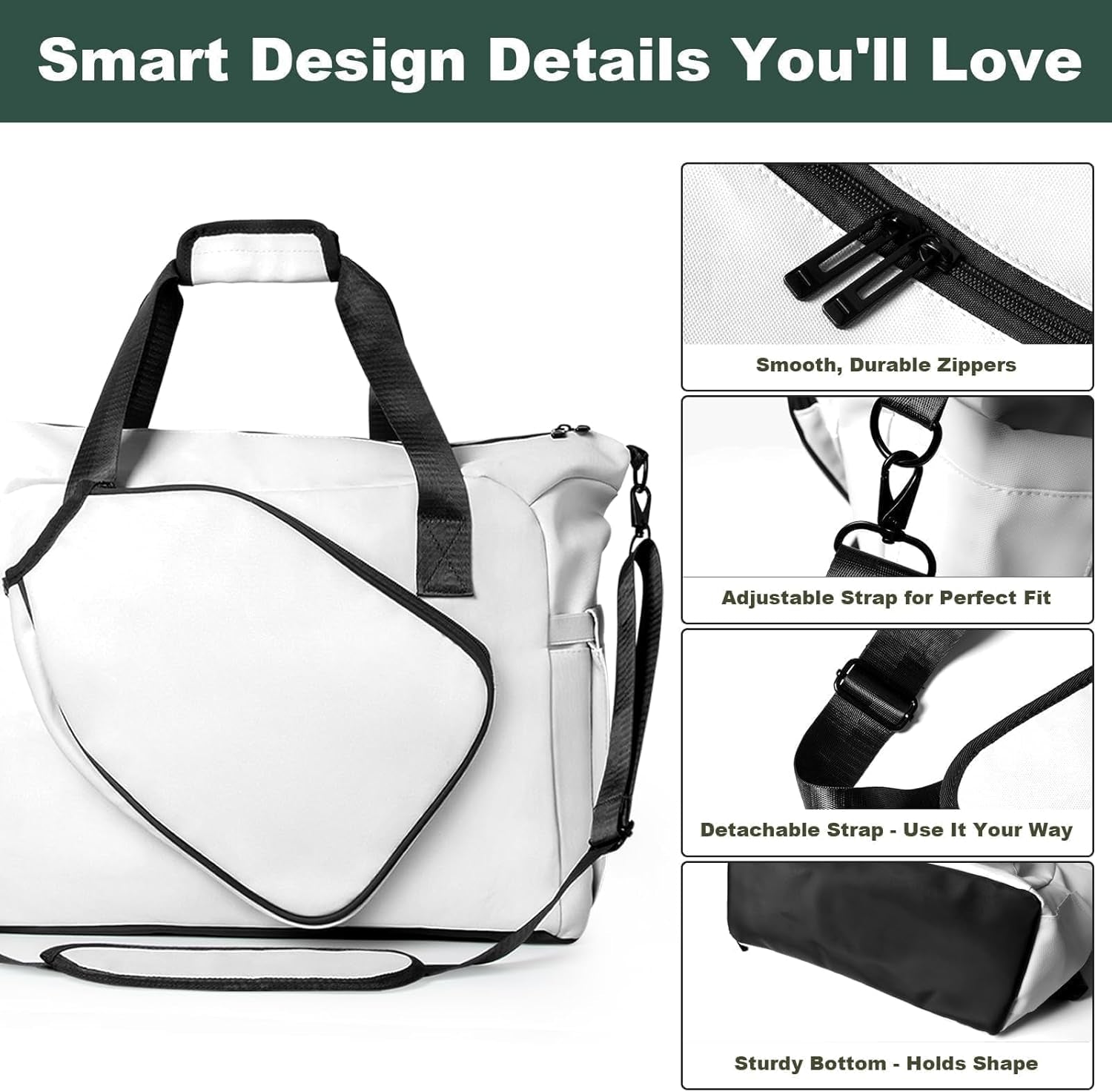 Pickleball Tote Bag with Shoe Compartment and Paddle Storage – Large Capacity Lightweight Pickleball Bag for Women & Men with Water Bottle Holder (White)