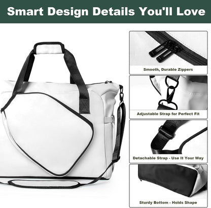 Pickleball Tote Bag with Shoe Compartment and Paddle Storage – Large Capacity Lightweight Pickleball Bag for Women & Men with Water Bottle Holder (White)