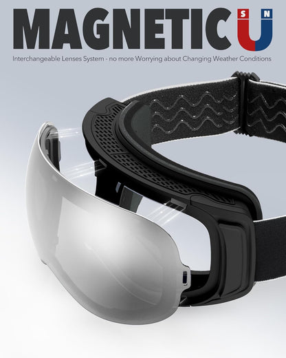 Ski Goggles OTG for Women Men Adult Youth-Over Glasses Snow Goggles-Interchangeable Lens,Anti Fog Snowboard Goggles