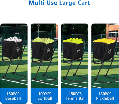 Portable Tennis Ball Hopper with Wheels, Foldable Ball Caddy Holder for Baseball, Pickleball, Softball and Tennis Balls, Large Capacity Basket for Easy Storage & Transport, Holds 100-150 Balls