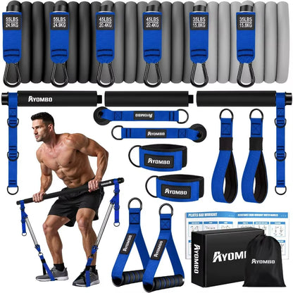 Pilates Equipment, Heavy Duty Pilates Bar Kit with Resistance Bands, Portable Gym Adjustable Exercise Bands, Home Squat Training
