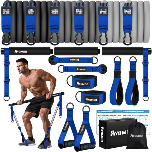 Pilates Equipment, Heavy Duty Pilates Bar Kit with Resistance Bands, Portable Gym Adjustable Exercise Bands, Home Squat Training