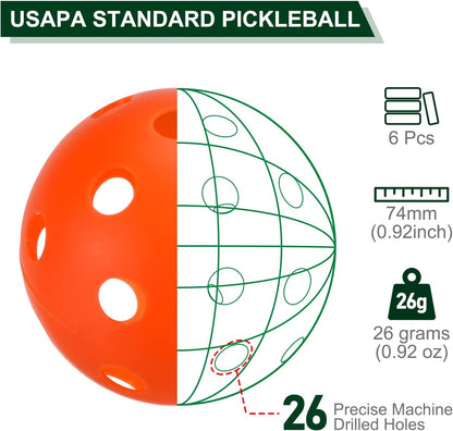 Indoor Pickleball Balls, 26 Holes Pickleball 6 Pack Pickleball Balls for Amateurs, Orange