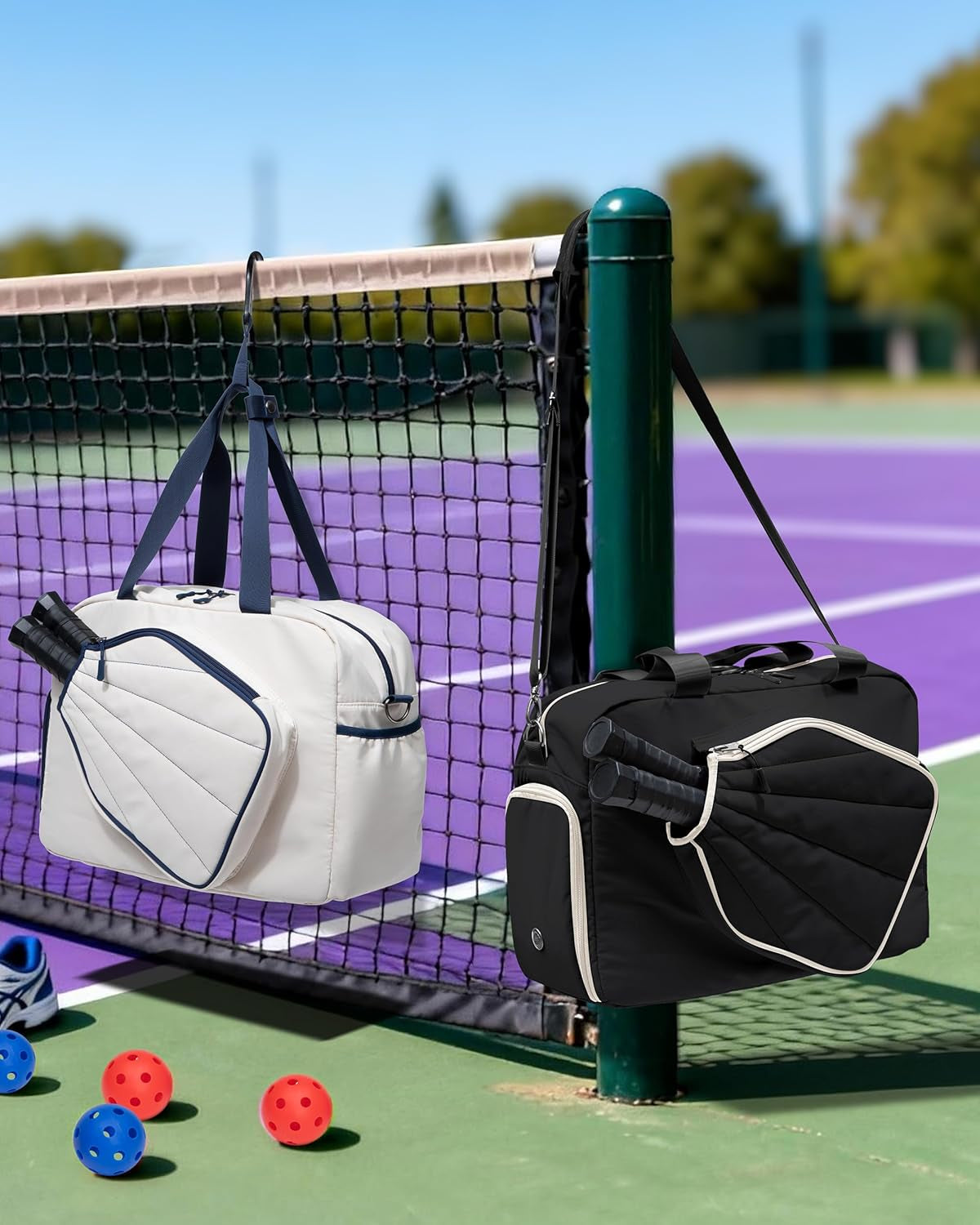 Pickleball Tote Bag for Women with Exterior Paddle Pocket and Separate Shoe Compartment, Pickleball Bags with Wet Pocket and Detachable Strap