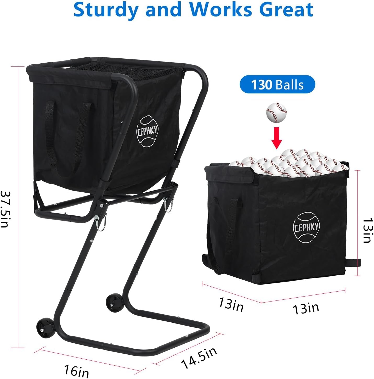 Portable Tennis Ball Hopper with Wheels, Foldable Ball Caddy Holder for Baseball, Pickleball, Softball and Tennis Balls, Large Capacity Basket for Easy Storage & Transport, Holds 100-150 Balls