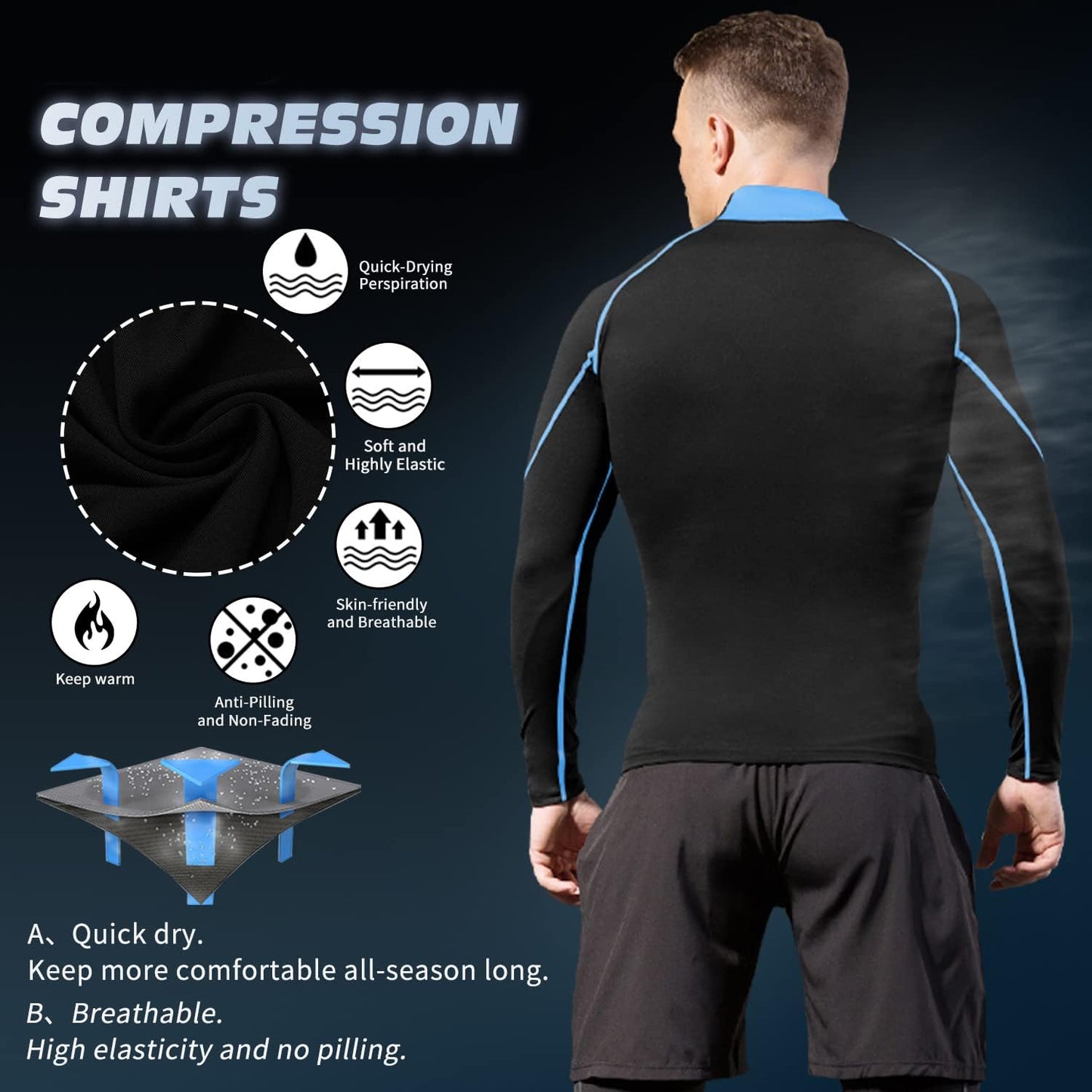 Men'S Compression Shirts Thermal Long Sleeve Athletic Workout Tops Gym Undershirts Sports Baselayers Running T Shirt for Men