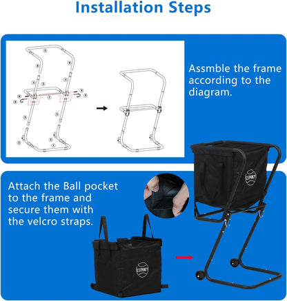 Portable Tennis Ball Hopper with Wheels, Foldable Ball Caddy Holder for Baseball, Pickleball, Softball and Tennis Balls, Large Capacity Basket for Easy Storage & Transport, Holds 100-150 Balls
