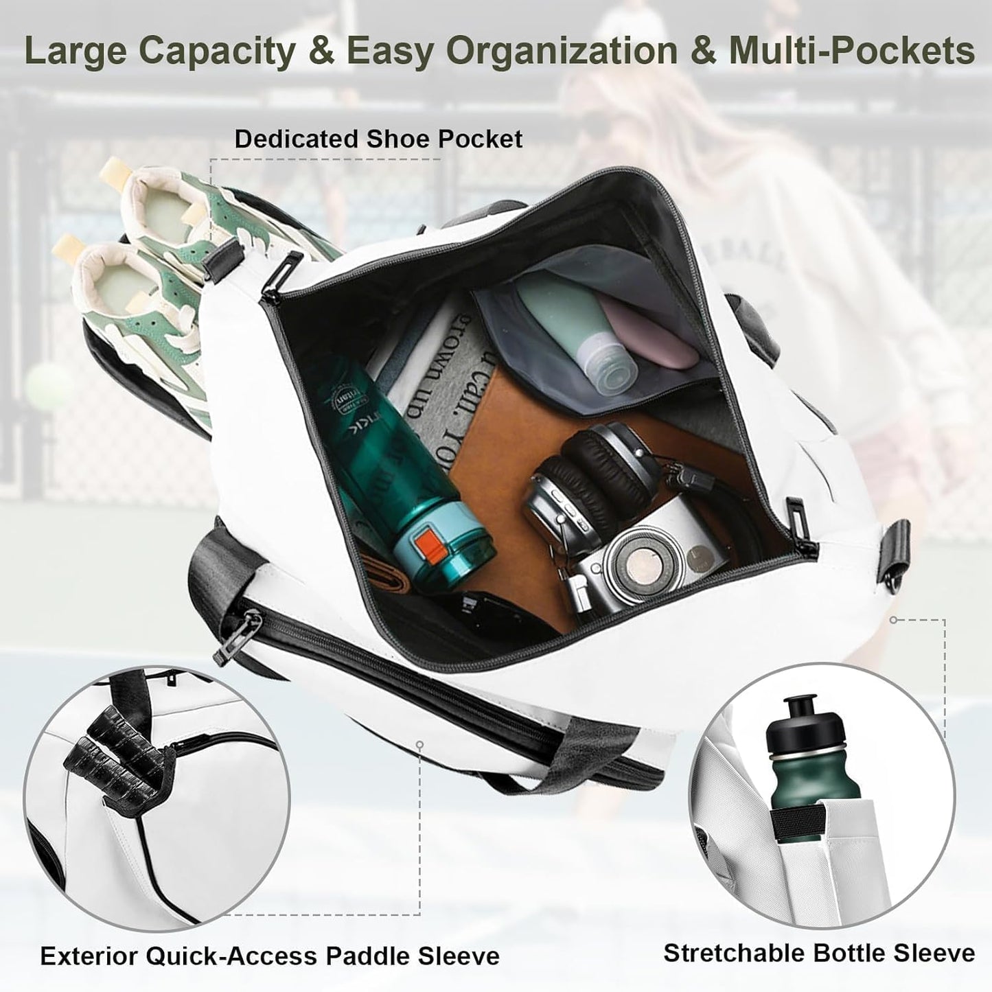 Pickleball Tote Bag with Shoe Compartment and Paddle Storage – Large Capacity Lightweight Pickleball Bag for Women & Men with Water Bottle Holder (White)