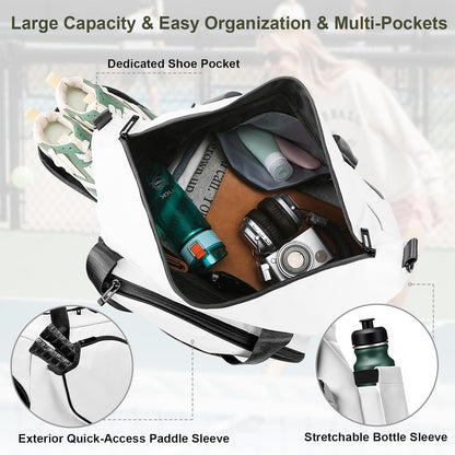 Pickleball Tote Bag with Shoe Compartment and Paddle Storage – Large Capacity Lightweight Pickleball Bag for Women & Men with Water Bottle Holder (White)