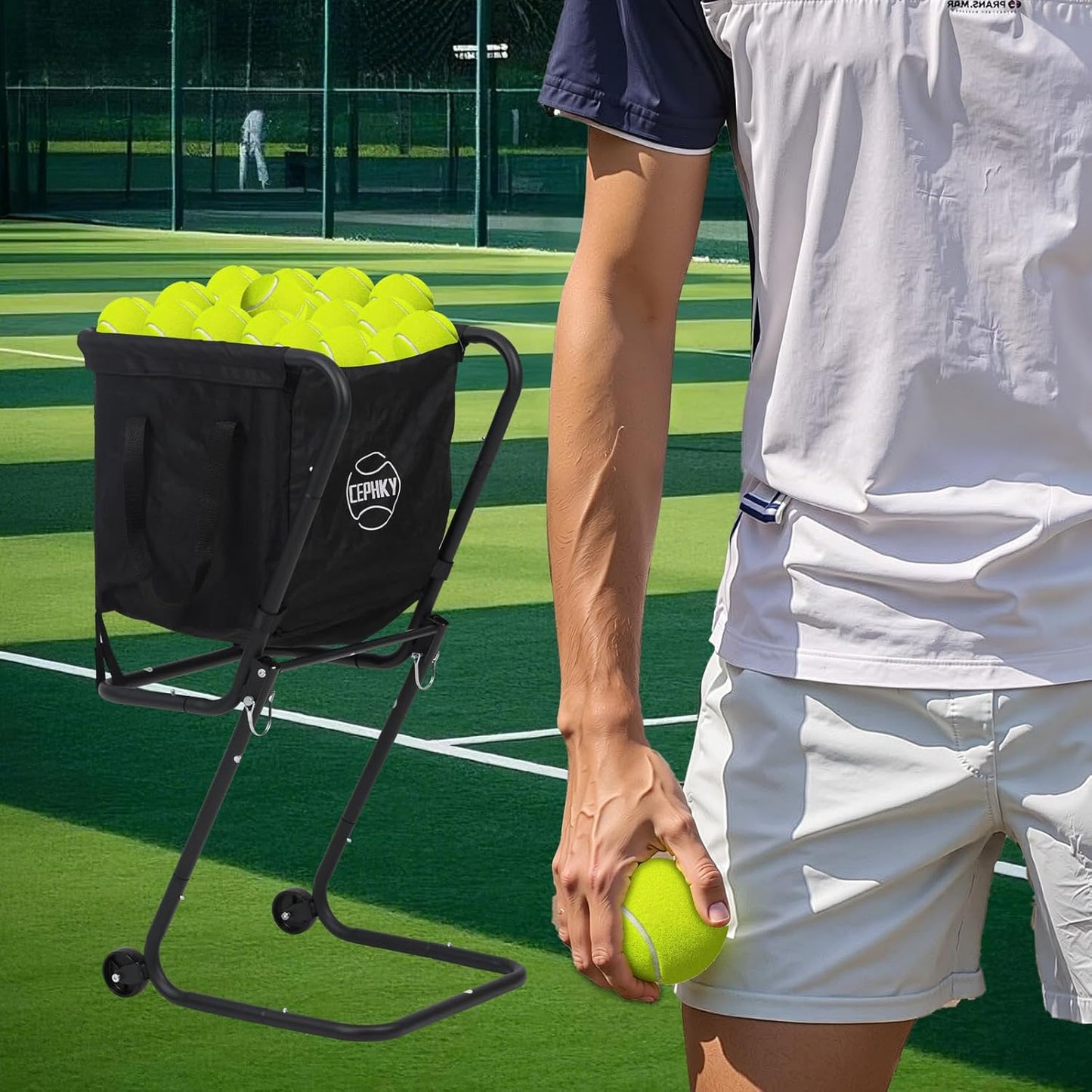 Portable Tennis Ball Hopper with Wheels, Foldable Ball Caddy Holder for Baseball, Pickleball, Softball and Tennis Balls, Large Capacity Basket for Easy Storage & Transport, Holds 100-150 Balls