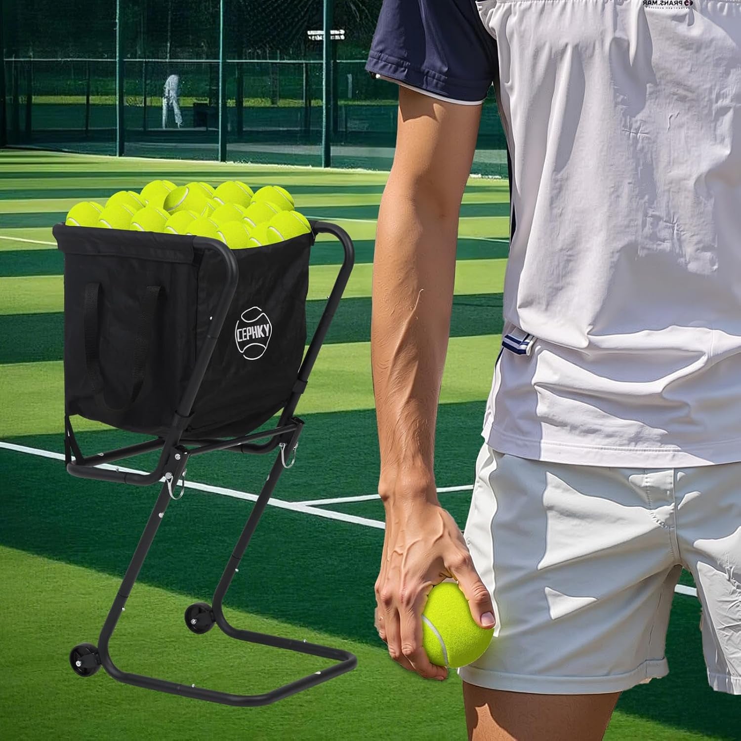 Portable Tennis Ball Hopper with Wheels, Foldable Ball Caddy Holder for Baseball, Pickleball, Softball and Tennis Balls, Large Capacity Basket for Easy Storage & Transport, Holds 100-150 Balls