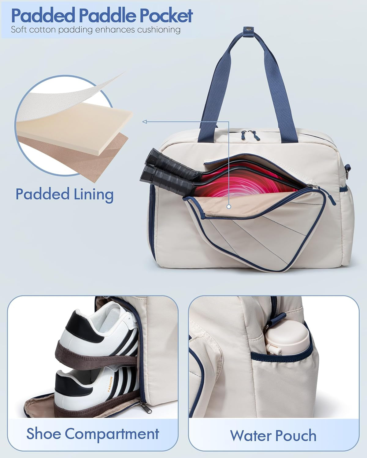 Pickleball Tote Bag for Women with Exterior Paddle Pocket and Separate Shoe Compartment, Pickleball Bags with Wet Pocket and Detachable Strap