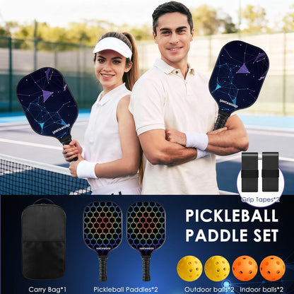 Pickleball Paddles Set of 2, Fiberglass Pickleball Racket, 2 Pickleball Rackets, 4 Balls, 2 Grip and 1 Portable Carry Bag, Aesthetic Pickle Ball Rackets 2 Pack for Men Women Beginners