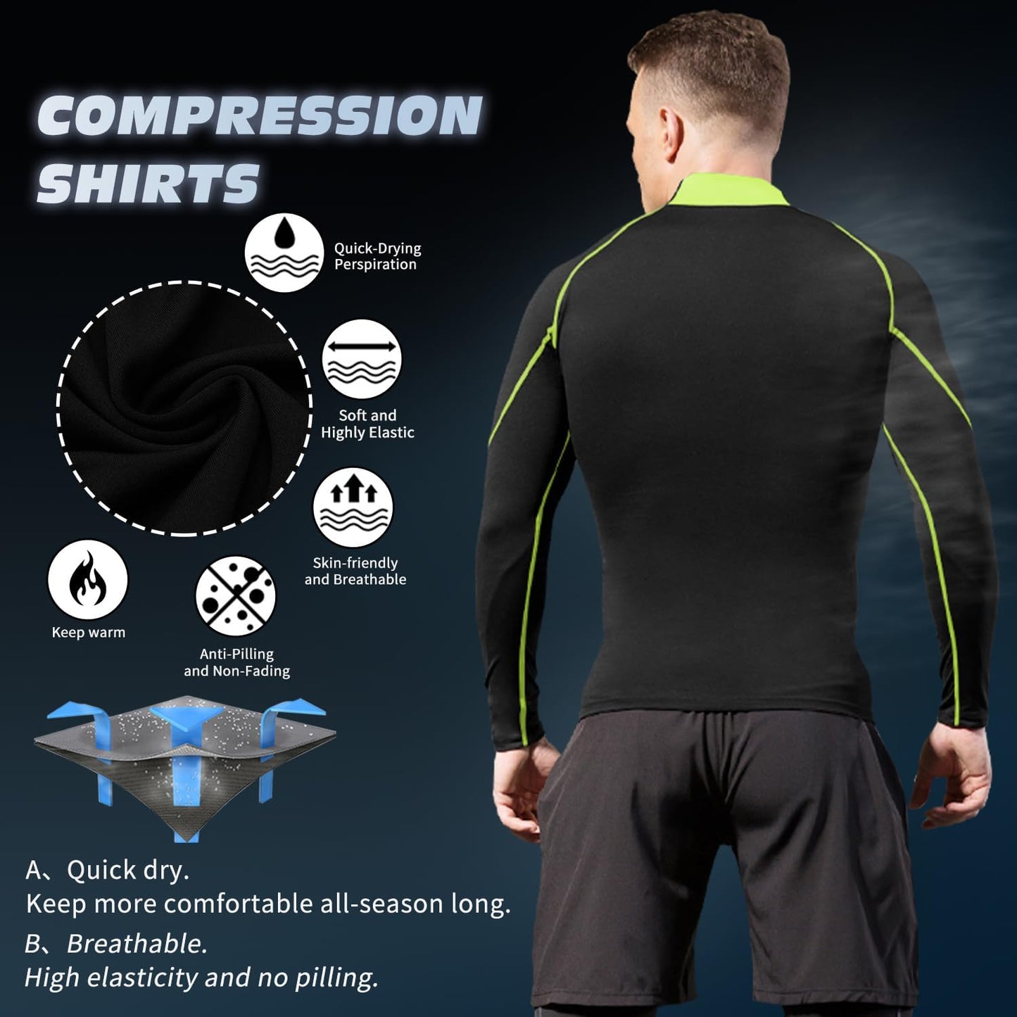 Men'S Compression Shirts Thermal Long Sleeve Athletic Workout Tops Gym Undershirts Sports Baselayers Running T Shirt for Men