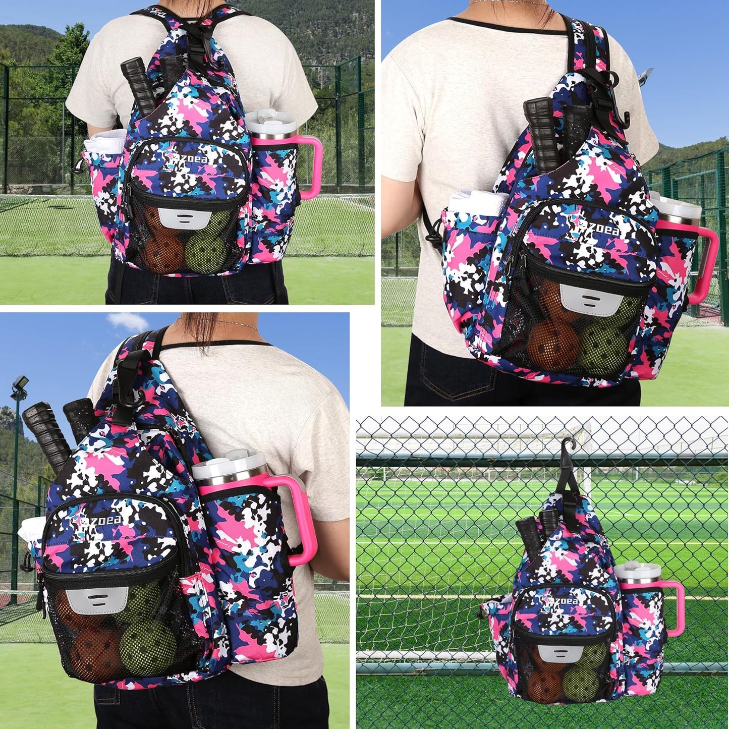 Pickleball Backpack Bag for Men Women, Fits 40Oz Tumbler, Holds 4 Paddles with Fence Hook, Waterproof Reflective, 7 Pockets Convertible Straps