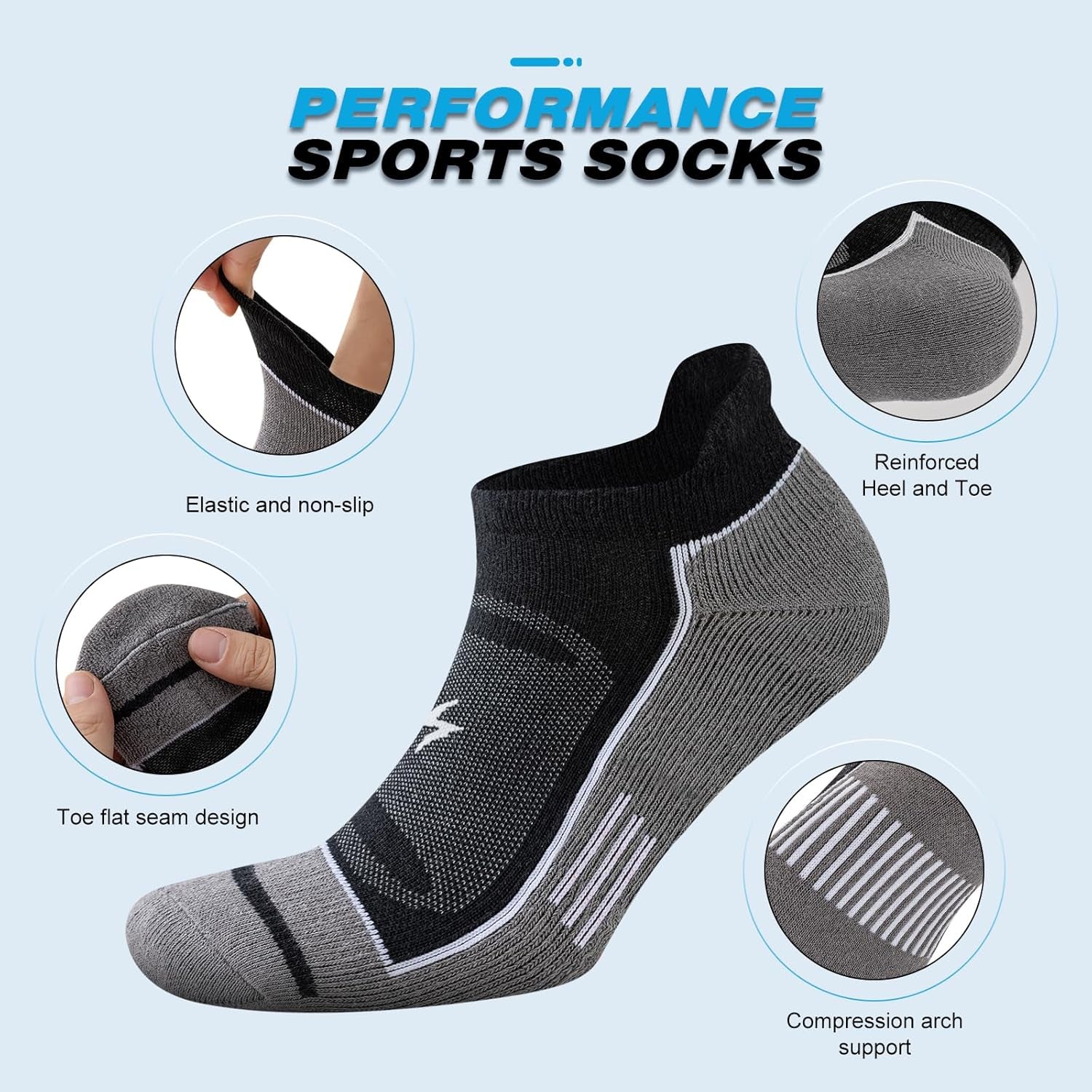 Mens Ankle Running Socks, Athletic Cushioned Low Cut Moisture Wicking Cotton Short Sports Socks, 6 Pairs