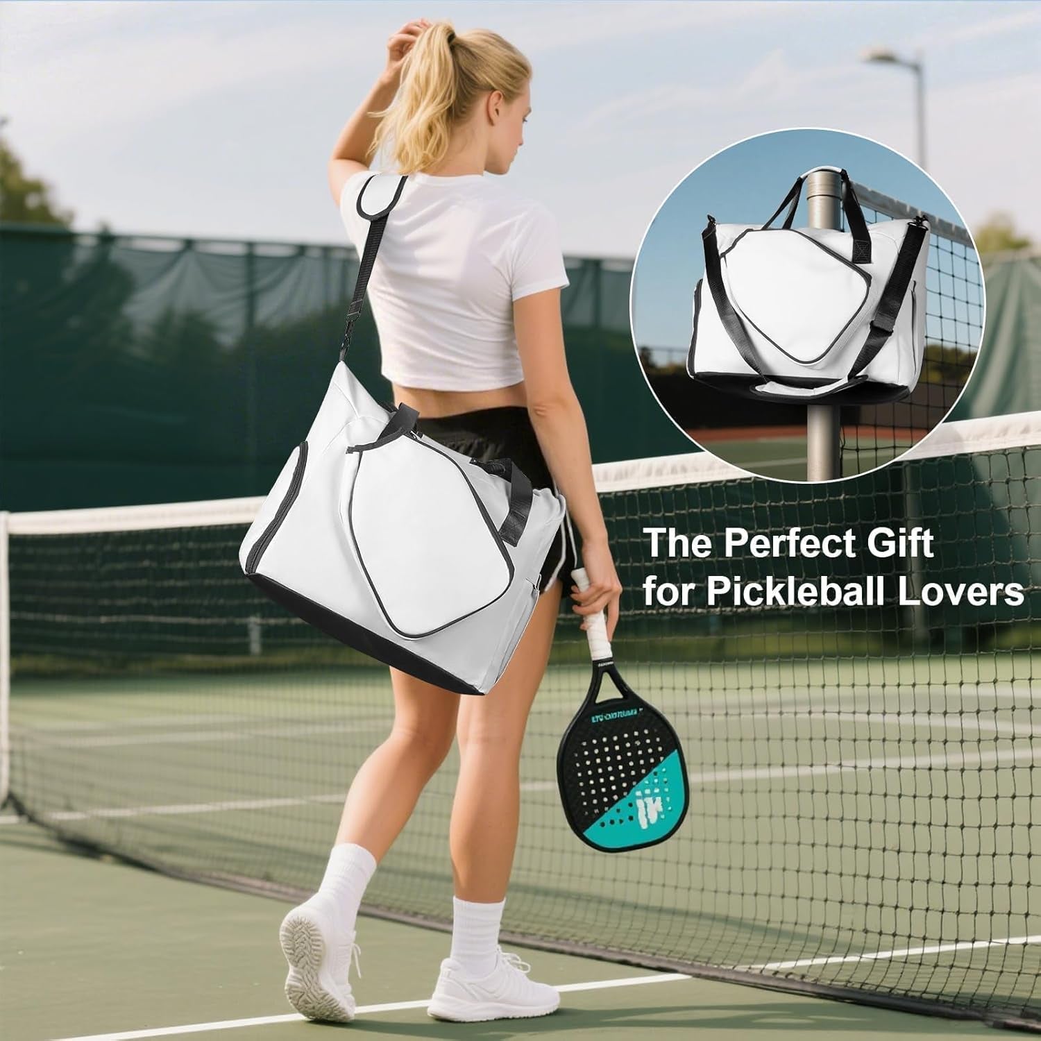 Pickleball Tote Bag with Shoe Compartment and Paddle Storage – Large Capacity Lightweight Pickleball Bag for Women & Men with Water Bottle Holder (White)
