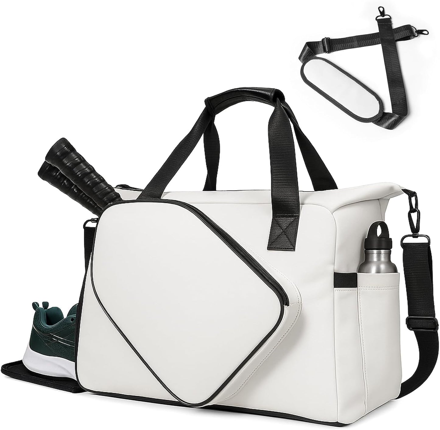 Pickleball Tote Bag with Shoe Compartment and Paddle Storage – Large Capacity Lightweight Pickleball Bag for Women & Men with Water Bottle Holder (White)