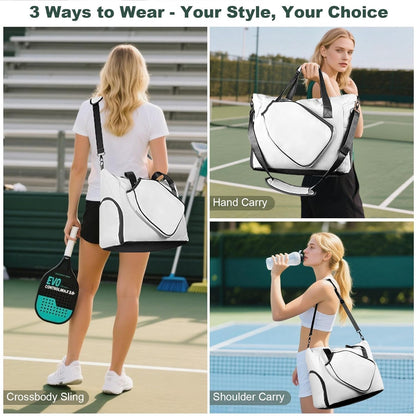 Pickleball Tote Bag with Shoe Compartment and Paddle Storage – Large Capacity Lightweight Pickleball Bag for Women & Men with Water Bottle Holder (White)