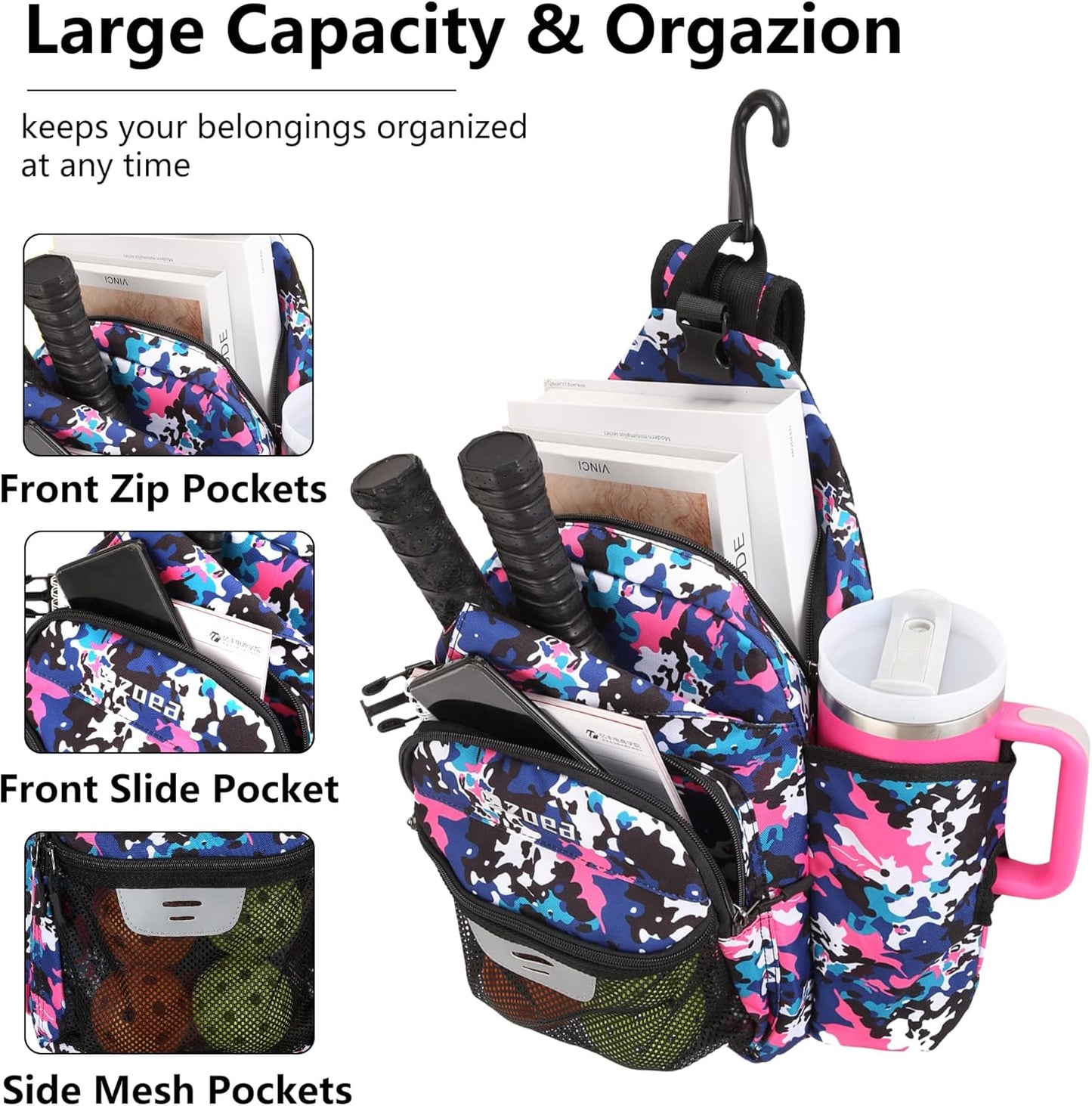 Pickleball Backpack Bag for Men Women, Fits 40Oz Tumbler, Holds 4 Paddles with Fence Hook, Waterproof Reflective, 7 Pockets Convertible Straps