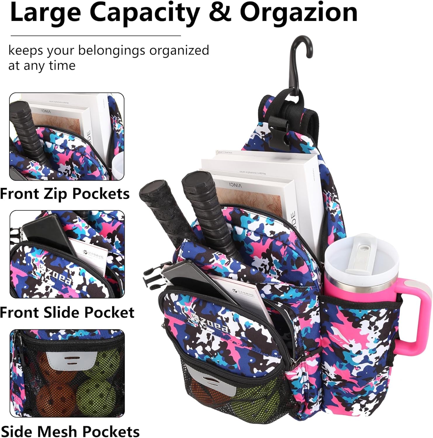 Pickleball Backpack Bag for Men Women, Fits 40Oz Tumbler, Holds 4 Paddles with Fence Hook, Waterproof Reflective, 7 Pockets Convertible Straps