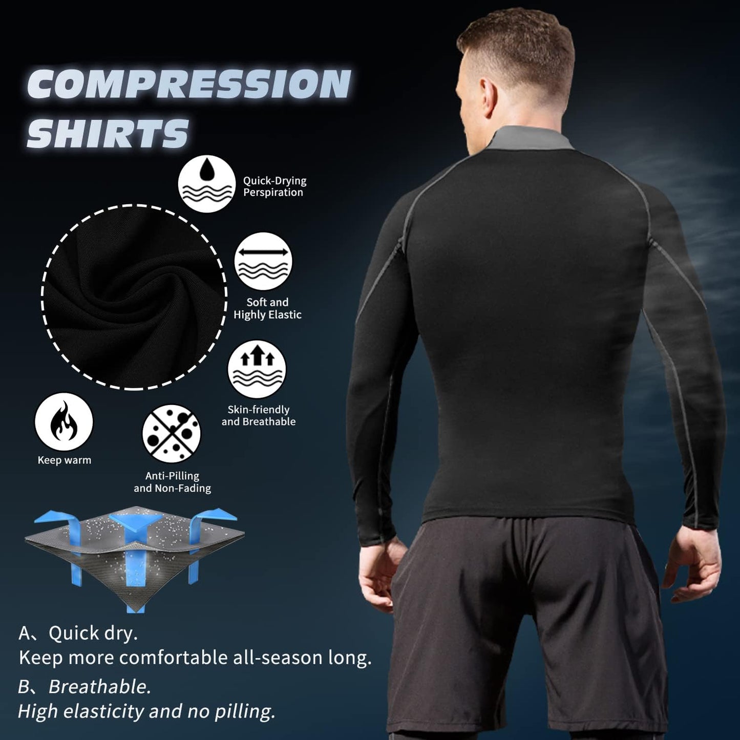 Men'S Compression Shirts Thermal Long Sleeve Athletic Workout Tops Gym Undershirts Sports Baselayers Running T Shirt for Men
