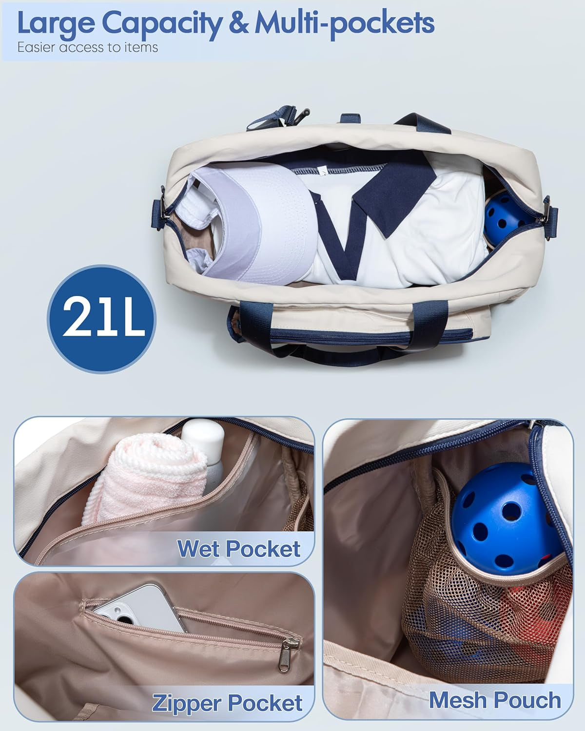 Pickleball Tote Bag for Women with Exterior Paddle Pocket and Separate Shoe Compartment, Pickleball Bags with Wet Pocket and Detachable Strap