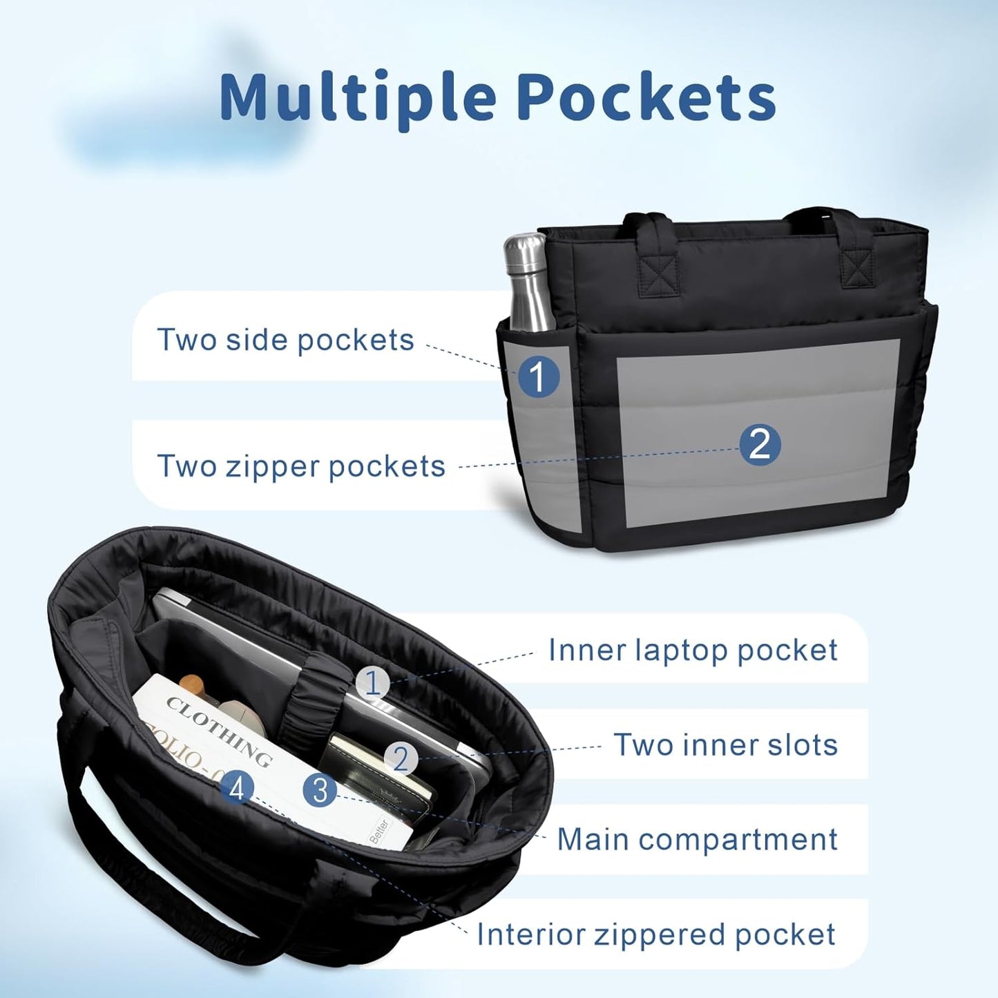 Puffer Tote Bag for Women, Lightweight Puffy Handbag with Compartments, Quilted