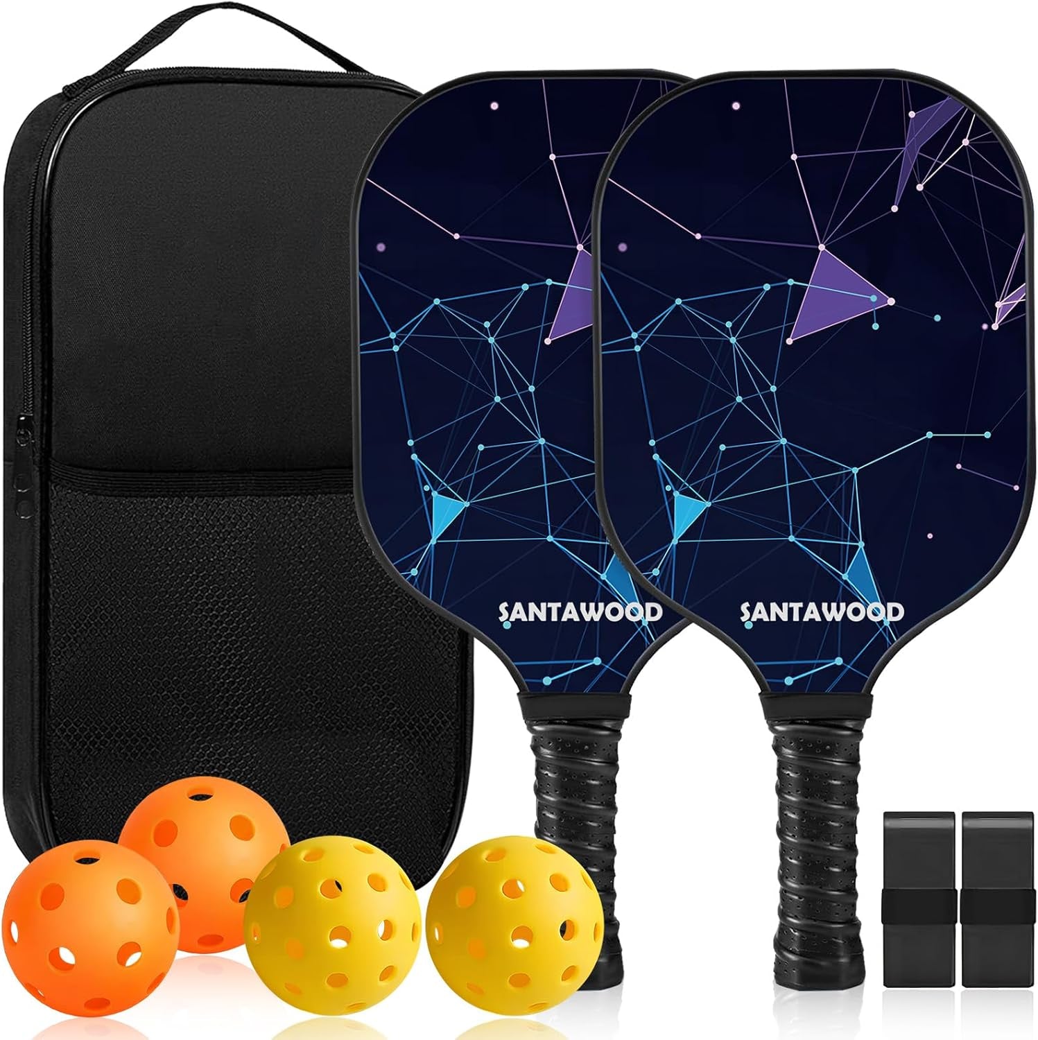 Pickleball Paddles Set of 2, Fiberglass Pickleball Racket, 2 Pickleball Rackets, 4 Balls, 2 Grip and 1 Portable Carry Bag, Aesthetic Pickle Ball Rackets 2 Pack for Men Women Beginners