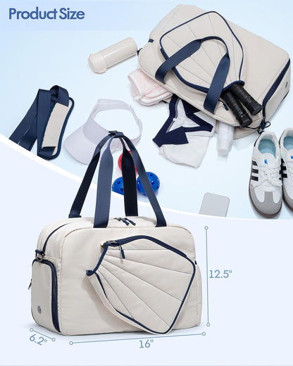 Pickleball Tote Bag for Women with Exterior Paddle Pocket and Separate Shoe Compartment, Pickleball Bags with Wet Pocket and Detachable Strap