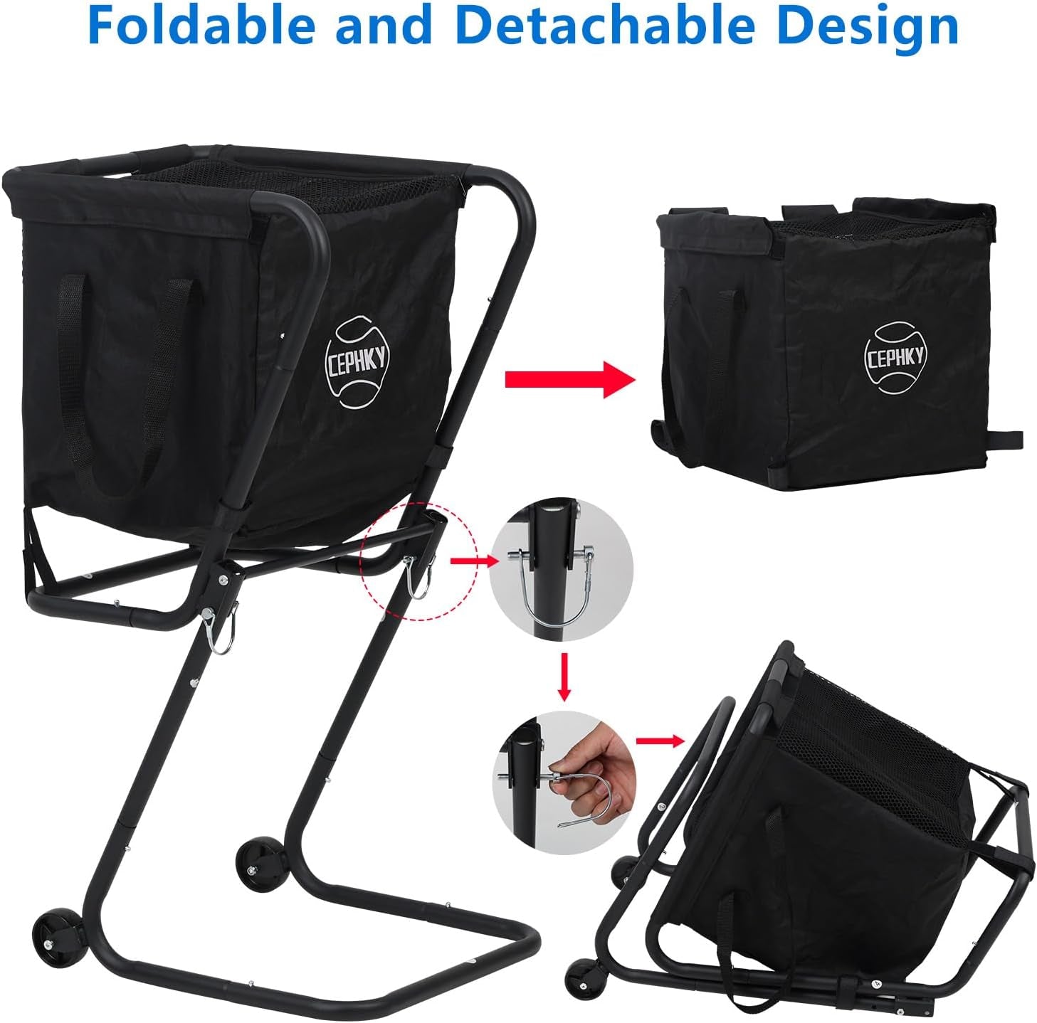 Portable Tennis Ball Hopper with Wheels, Foldable Ball Caddy Holder for Baseball, Pickleball, Softball and Tennis Balls, Large Capacity Basket for Easy Storage & Transport, Holds 100-150 Balls