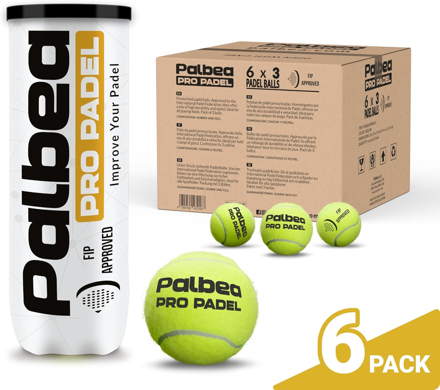 PRO Padel Balls. 6/12/24 Tubes of 3 Padel Tennis Balls FIP Approved. Paddle Balls Made of HV Felt for Training and Tournament. Suitable for Any Surface or Sites.