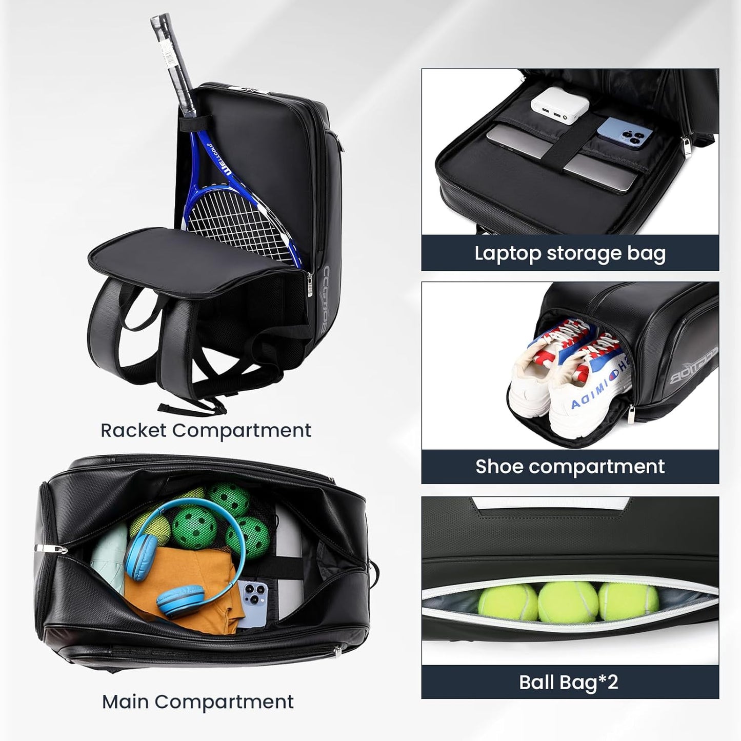 Tennis Racket Bag Pickleball Padel Backpack with Shoe Compartment, Laptop Sleeve,Fence Hook,Ball Sleeve